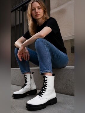 $499 Frye Chloe White Real Leather Black Retro Comfy Elastic Lace Up Ankle Boot